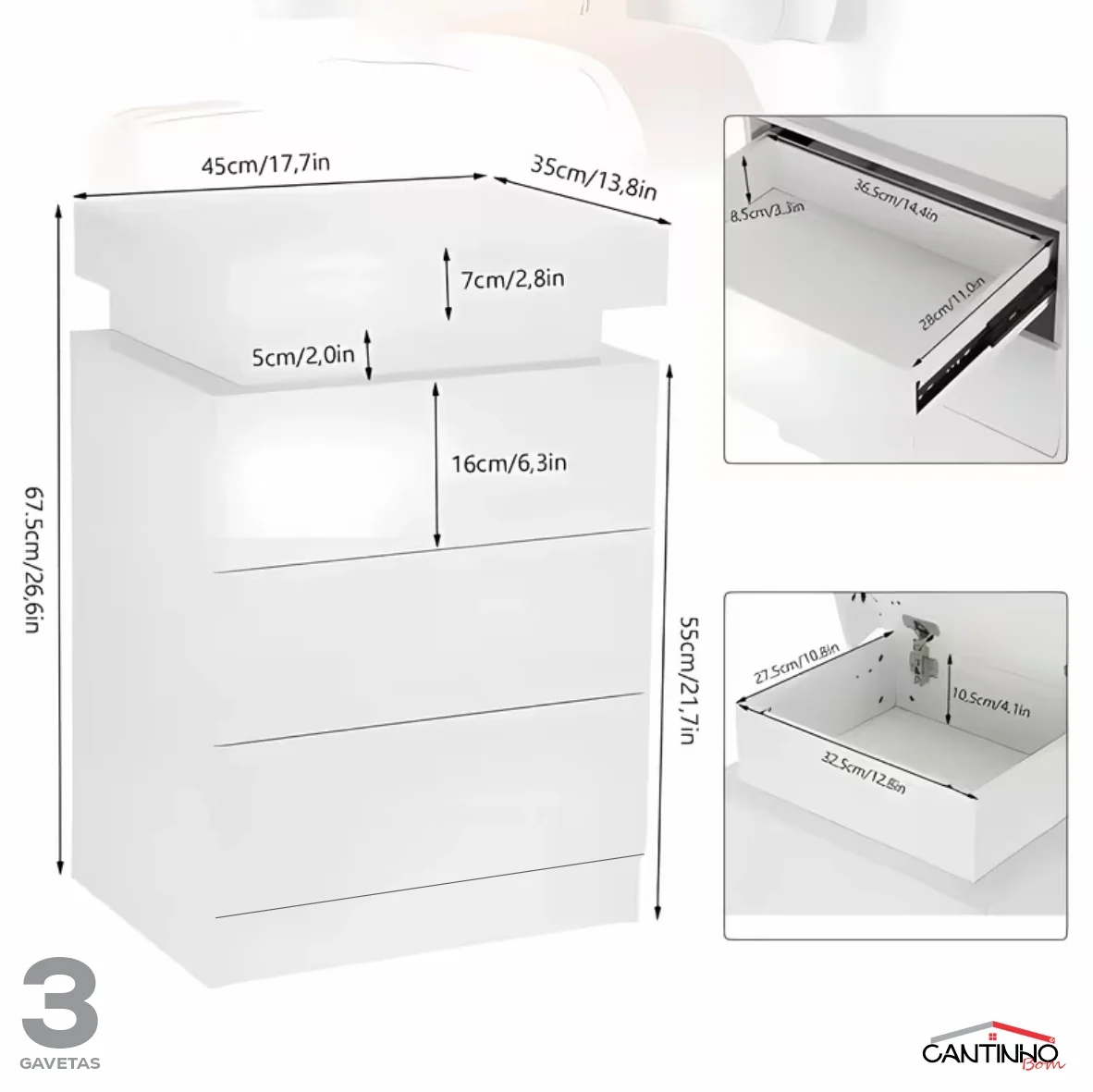 Gaveteiro Inteligente LED Multifuncional com Carregador