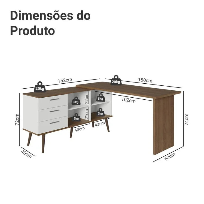 Escrivaninha em L Mesa para Computador Gamer 3 Gavetas Lar Carinhoso