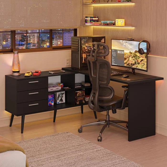 Escrivaninha em L Mesa para Computador Gamer 3 Gavetas Lar Carinhoso